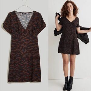 NEW Madewell V-Neck Mini Dress Abstract Animal Print Black Brown Sz 2 Boho Chic
